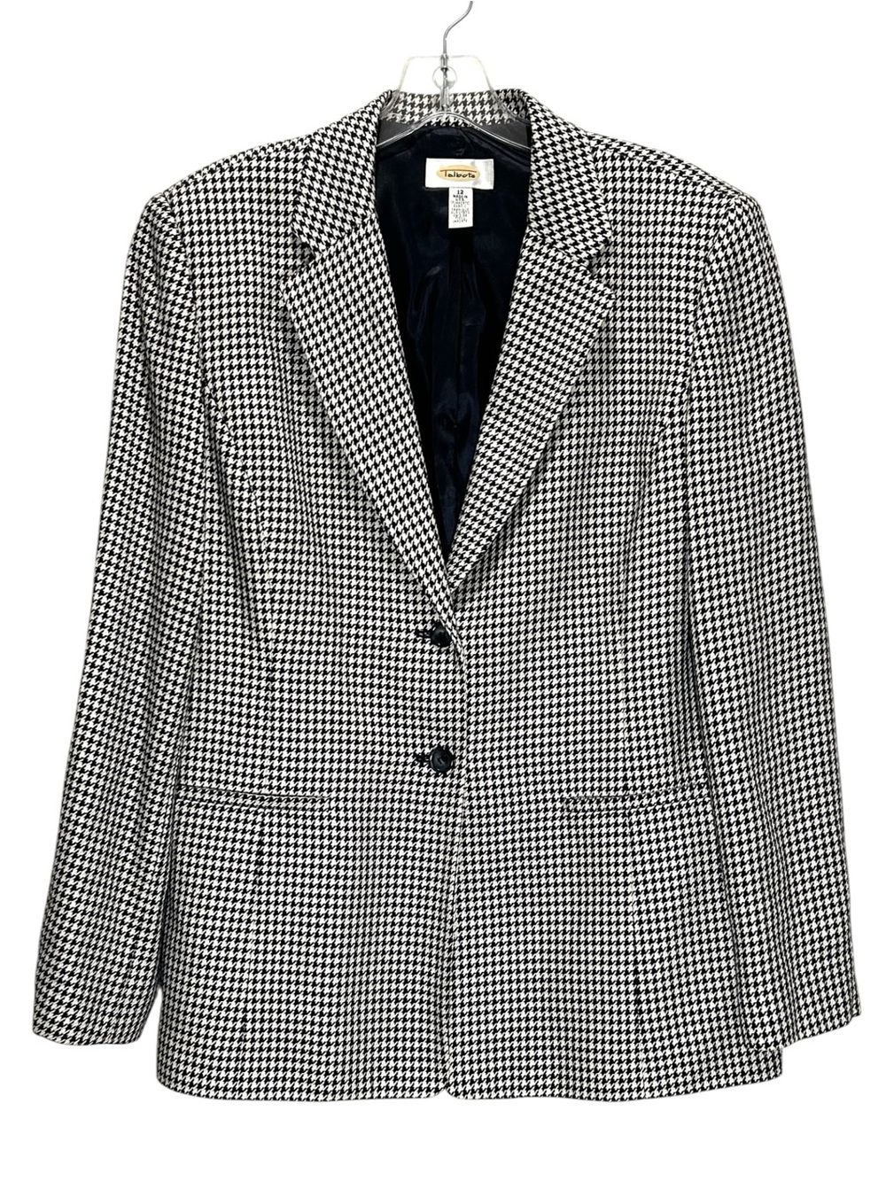 Talbots Navy & White Silk Blend Houndstooth Long Line Blazer Jacket - Size 12